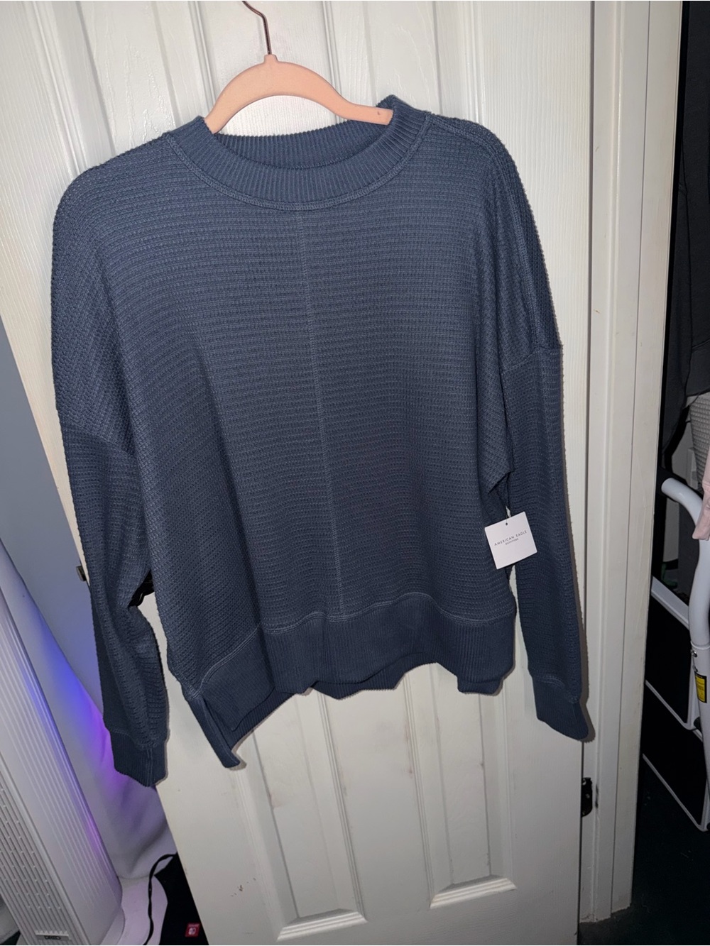 American Eagle Outfitters Slate Blue Waffle Knit Crewneck